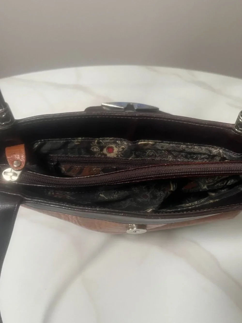 Brown Croc-Embossed Shoulder Tote with Silver Heart Hardware
